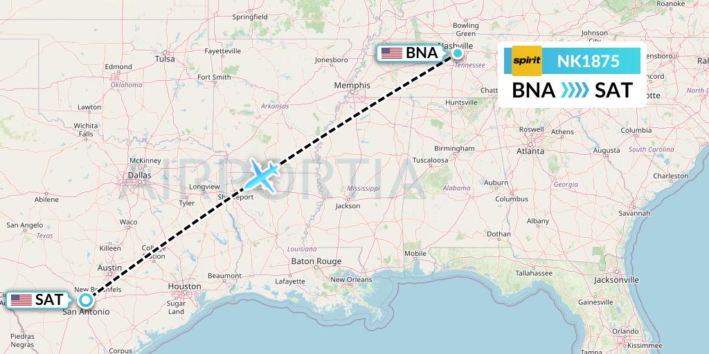 NK1875 Spirit Airlines Flight Map: Nashville to San Antonio