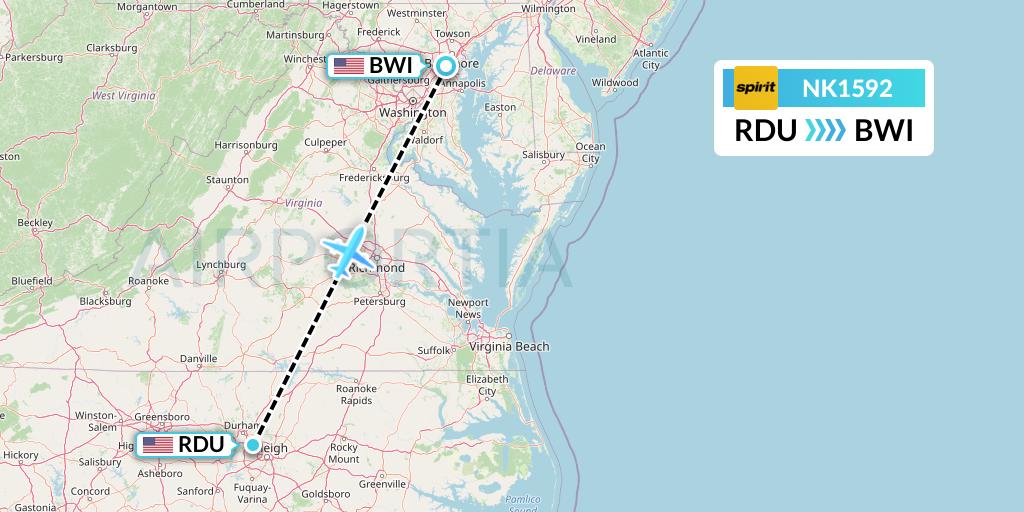 NK1592 Spirit Airlines Flight Map: Raleigh-Durham to Baltimore