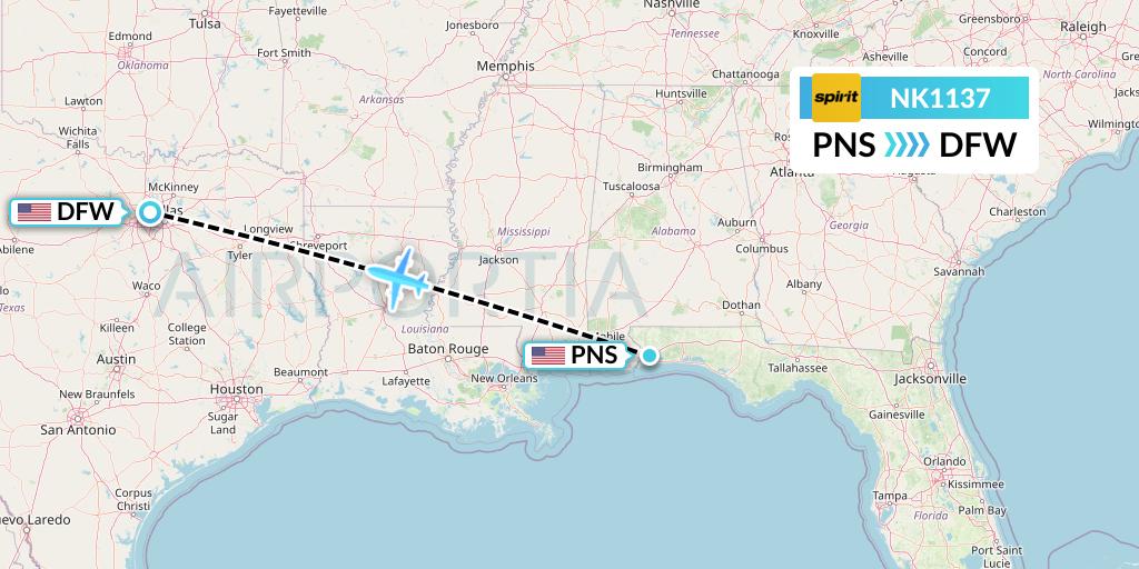 NK1137 Spirit Airlines Flight Map: Pensacola to Dallas