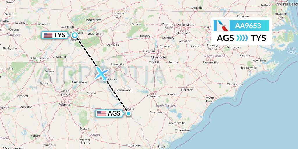 AA9653 American Airlines Flight Map: Augusta to Knoxville