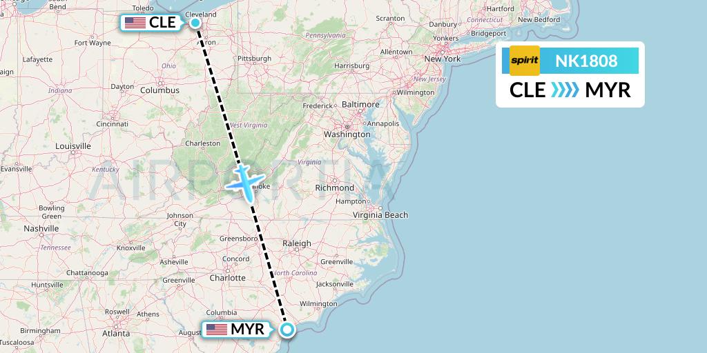 NK1808 Spirit Airlines Flight Map: Cleveland to Myrtle Beach