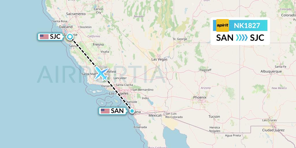 NK1827 Spirit Airlines Flight Map: San Diego to San Jose