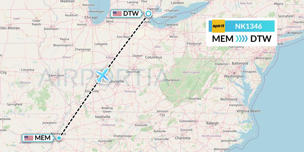 NK1346 Spirit Airlines Flight Map: Memphis to Detroit