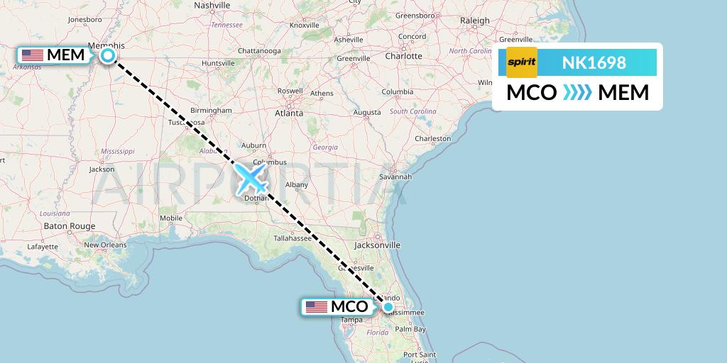 NK1698 Spirit Airlines Flight Map: Orlando to Memphis