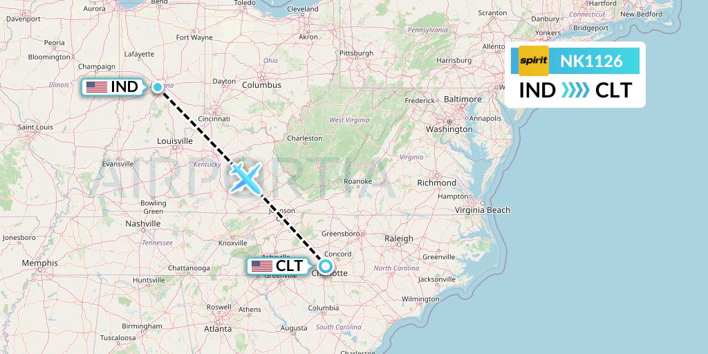 NK1126 Spirit Airlines Flight Map: Indianapolis to Charlotte