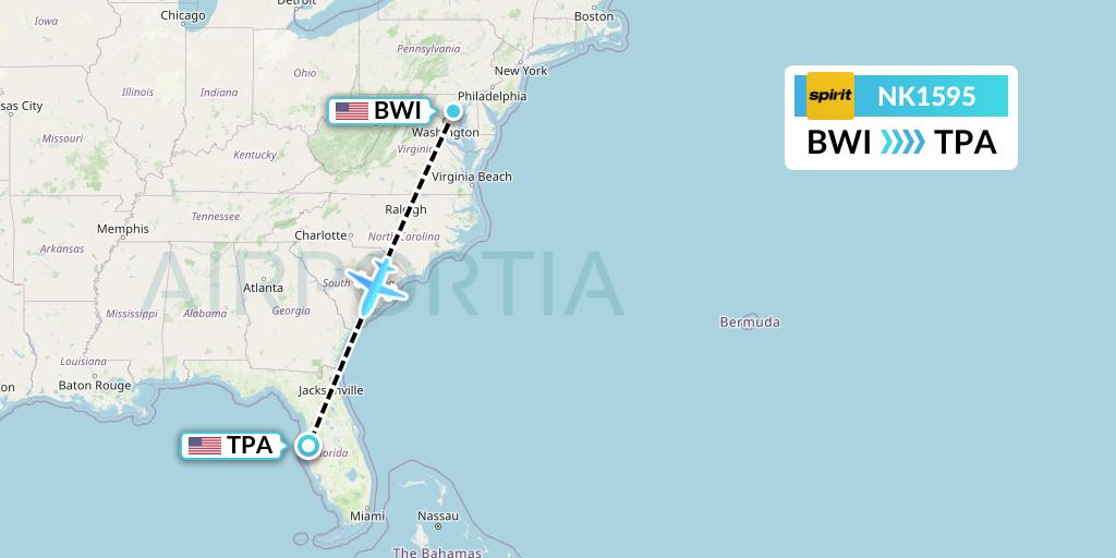 NK1595 Spirit Airlines Flight Map: Baltimore to Tampa