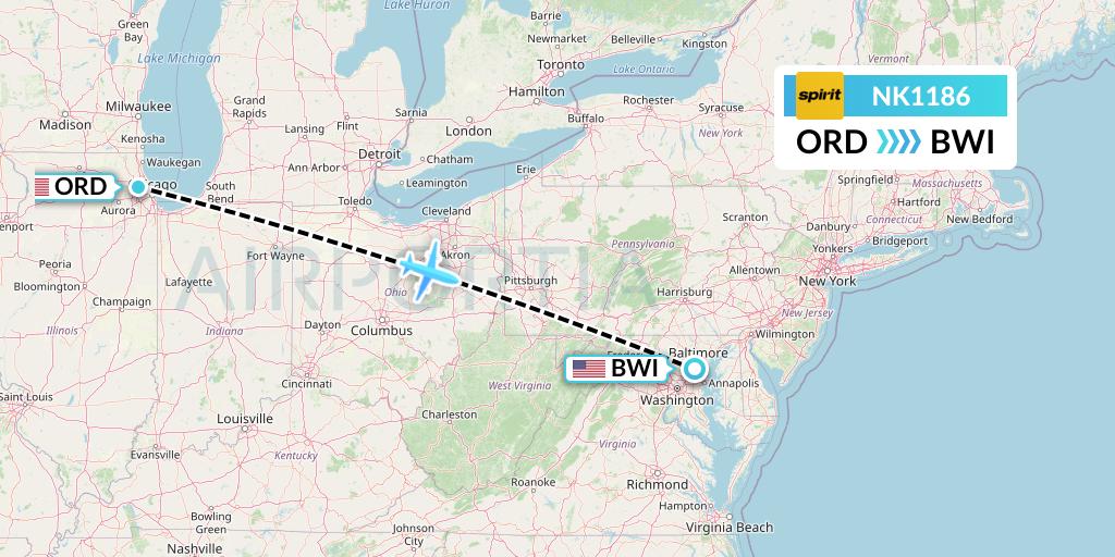 NK1186 Spirit Airlines Flight Map: Chicago to Baltimore