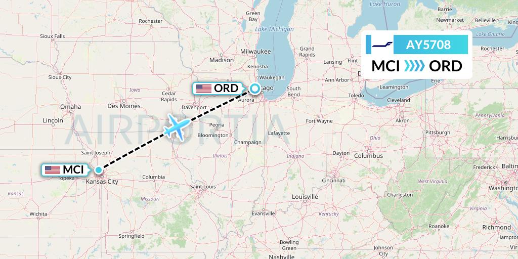 AY5708 Finnair Flight Map: Kansas City to Chicago