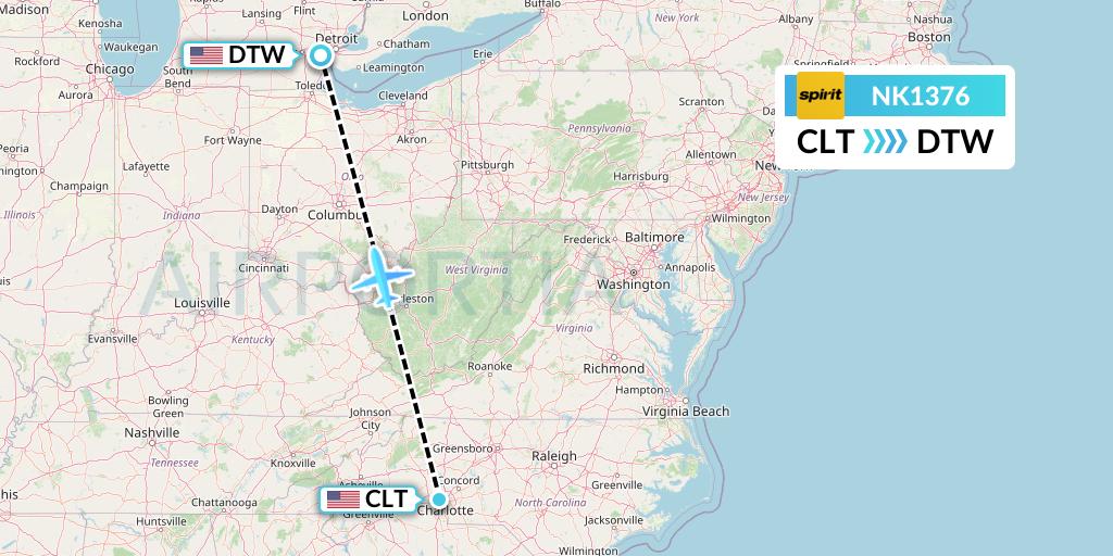 NK1376 Spirit Airlines Flight Map: Charlotte to Detroit