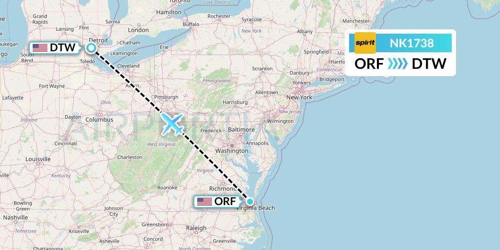 NK1738 Spirit Airlines Flight Map: Norfolk to Detroit