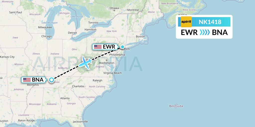 NK1418 Spirit Airlines Flight Map: New York to Nashville