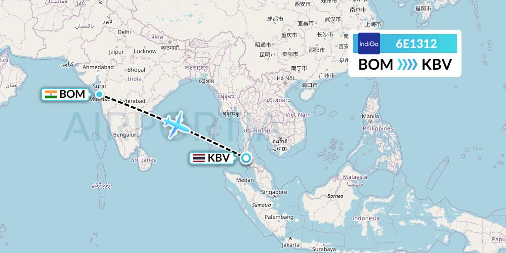 6E1312 IndiGo Airlines Flight Map: Mumbai to Krabi