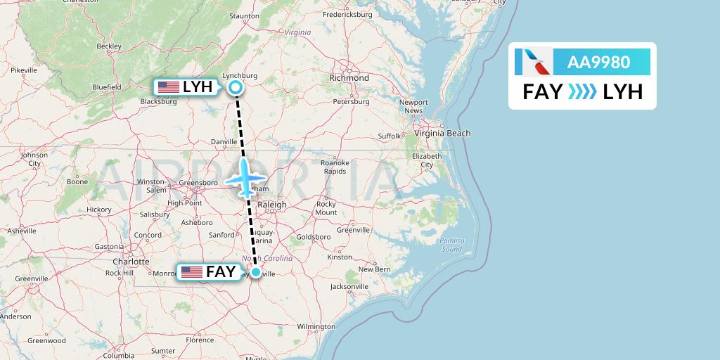 AA9980 American Airlines Flight Map: Fayetteville to Lynchburg