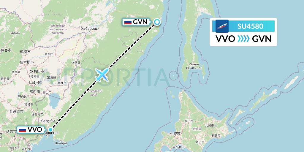 SU4580 Aeroflot Flight Map: Vladivostok to Komsomolsk na Amur