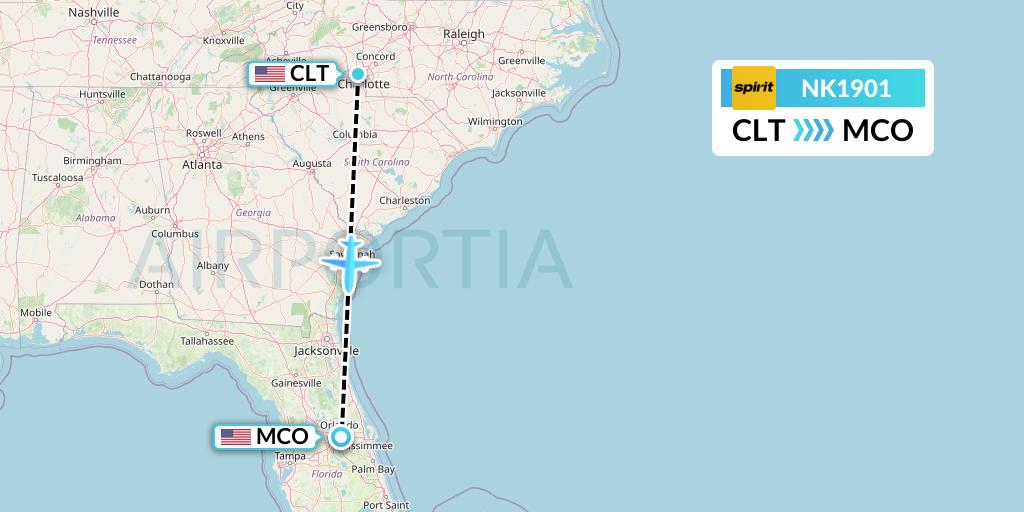 NK1901 Spirit Airlines Flight Map: Charlotte to Orlando