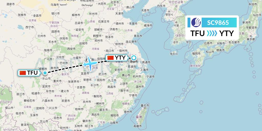 SC9865 Shandong Airlines Flight Map: Chengdu to Yangzhou