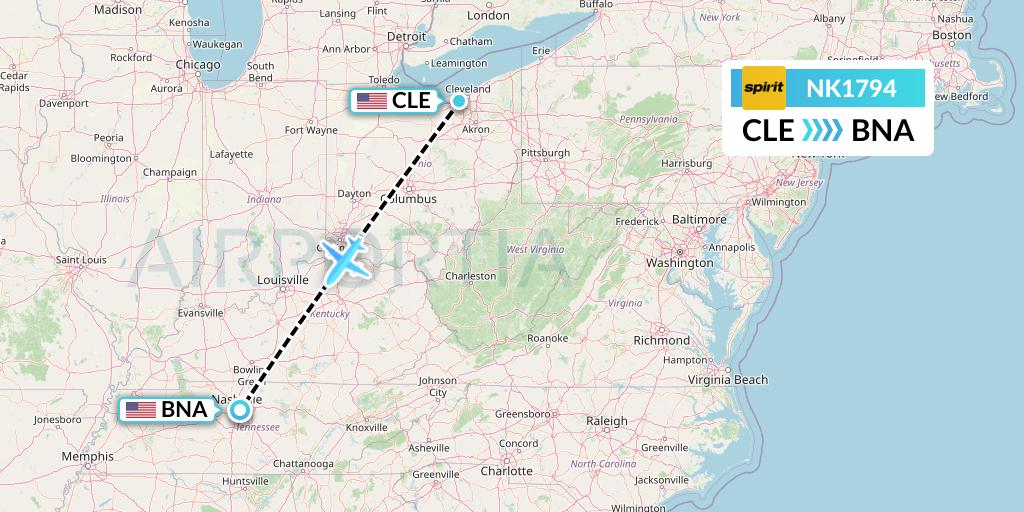NK1794 Spirit Airlines Flight Map: Cleveland to Nashville