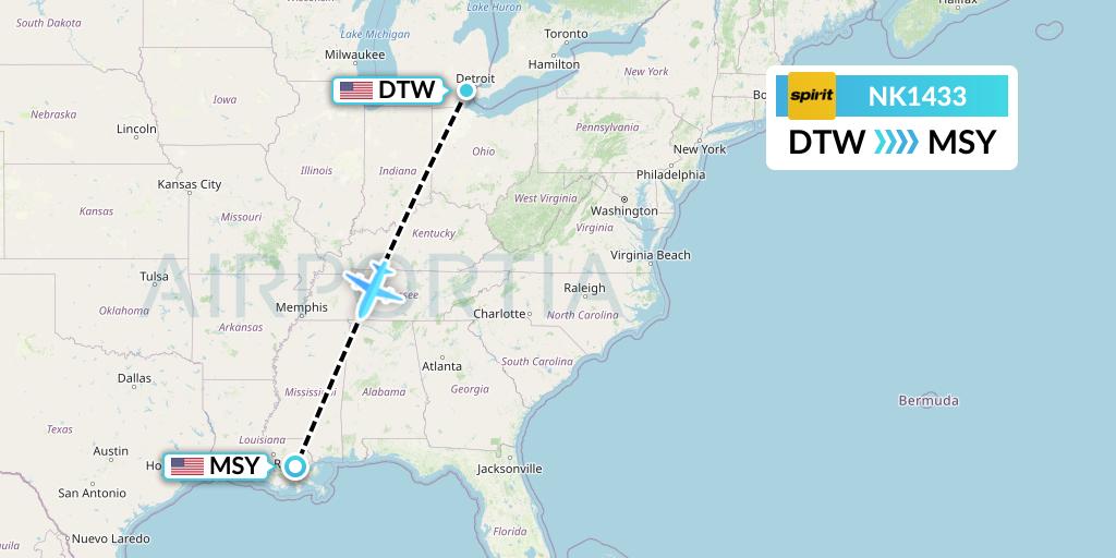 NK1433 Spirit Airlines Flight Map: Detroit to New Orleans