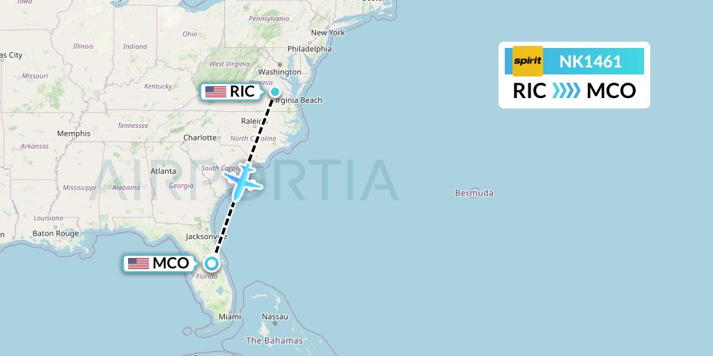 NK1461 Spirit Airlines Flight Map: Richmond to Orlando