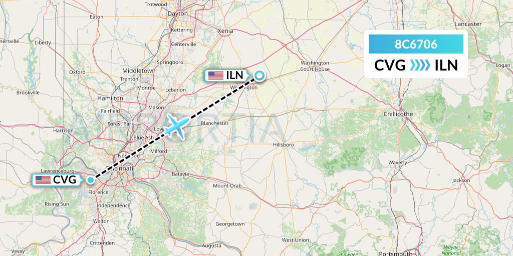 8C6706 Air Transport International Flight Map: Cincinnati to Wilmington