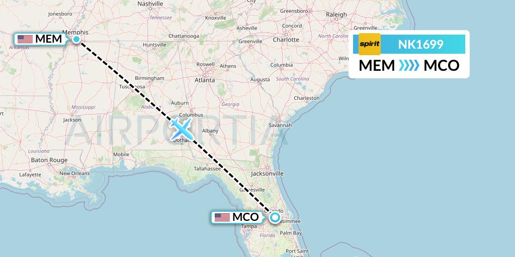 NK1699 Spirit Airlines Flight Map: Memphis to Orlando