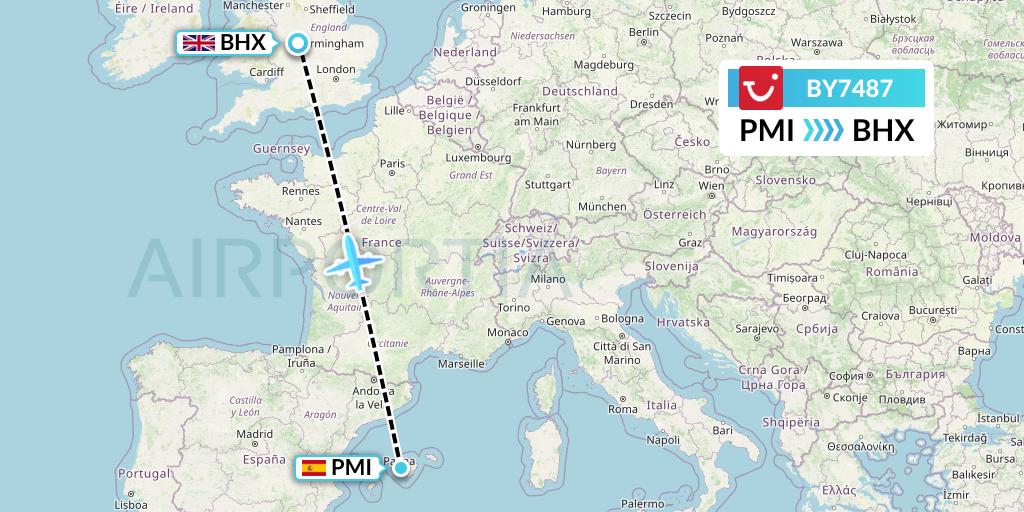 BY7487 TUI Airways Flight Map: Palma de Mallorca to Birmingham
