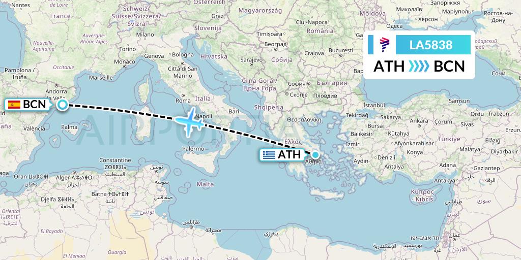 LA5838 LAN Airlines Flight Map: Athens to Barcelona