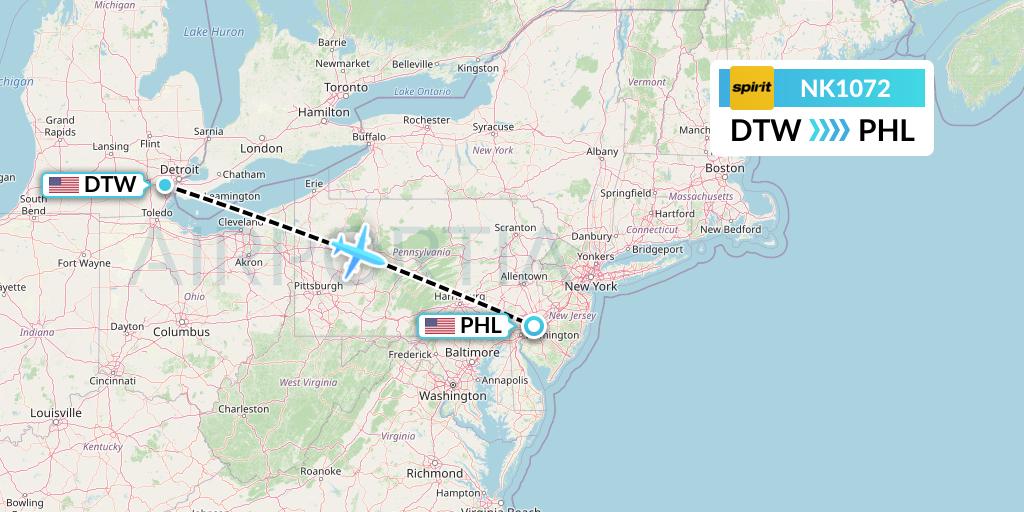 NK1072 Spirit Airlines Flight Map: Detroit to Philadelphia