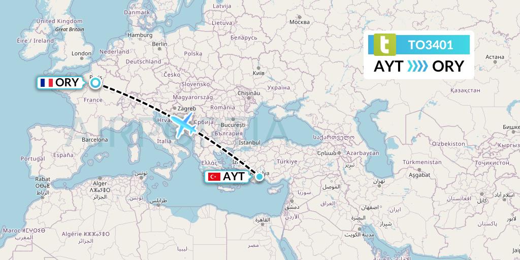TO3401 Transavia France Flight Map: Antalya to Paris