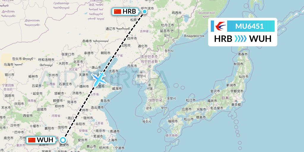 MU6451 China Eastern Airlines Flight Map: Harbin to Wuhan