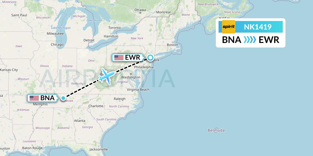 NK1419 Spirit Airlines Flight Map: Nashville to New York