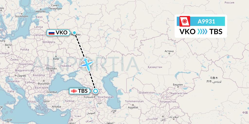 A9931 Georgian Airways Flight Map: Moscow to Tbilisi