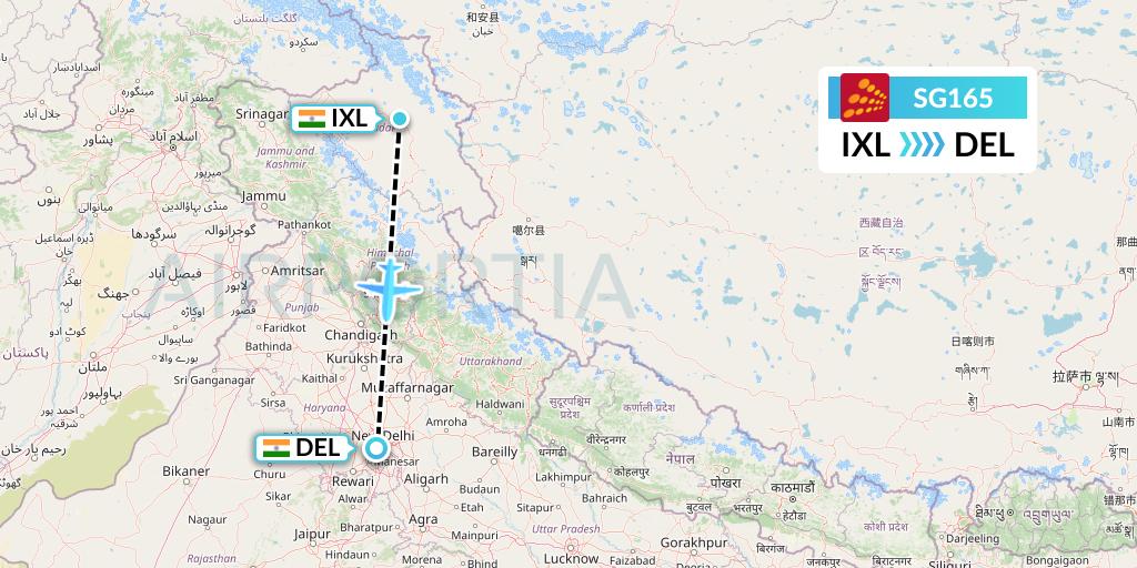 SG165 SpiceJet Flight Map: Leh to Delhi