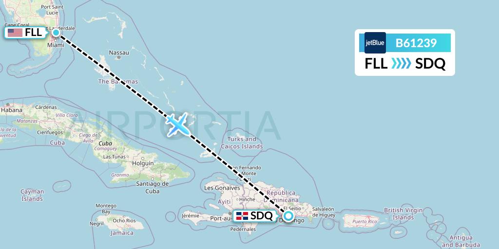 B61239 JetBlue Airways Flight Map: Fort Lauderdale to Santo Domingo