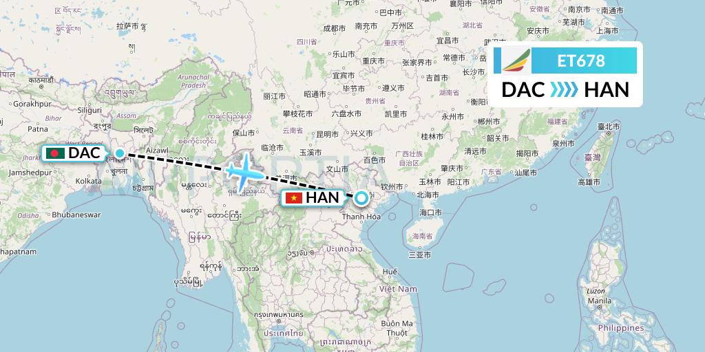 ET678 Ethiopian Airlines Flight Map: Dhaka to Hanoi