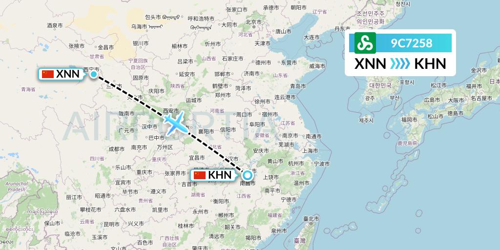 9C7258 Spring Airlines Flight Map: Xining to Nanchang