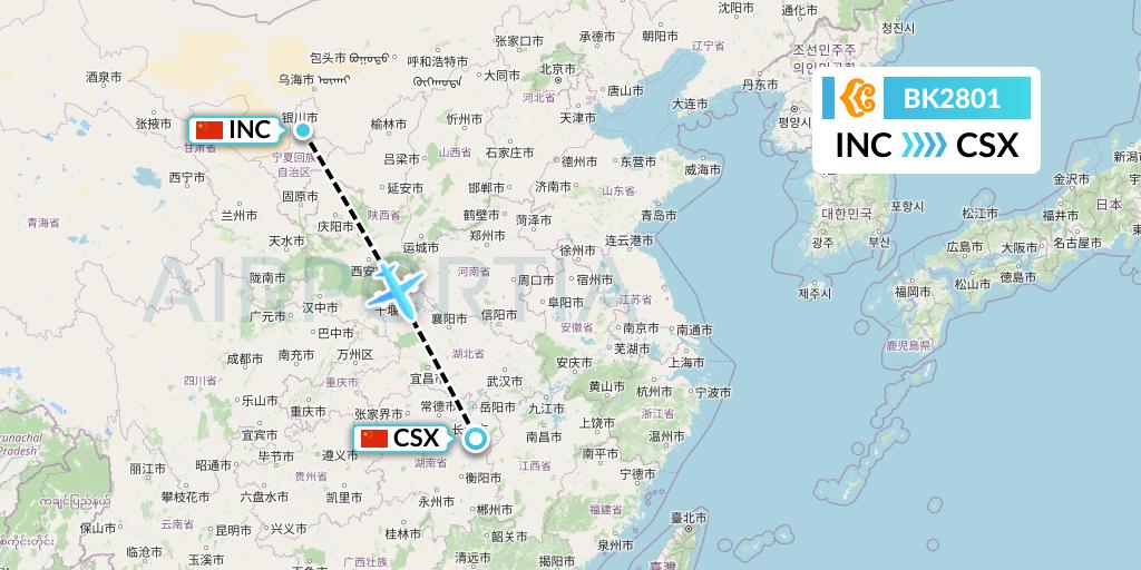 BK2801 Okay Airways Flight Map: Yinchuan to Changsha