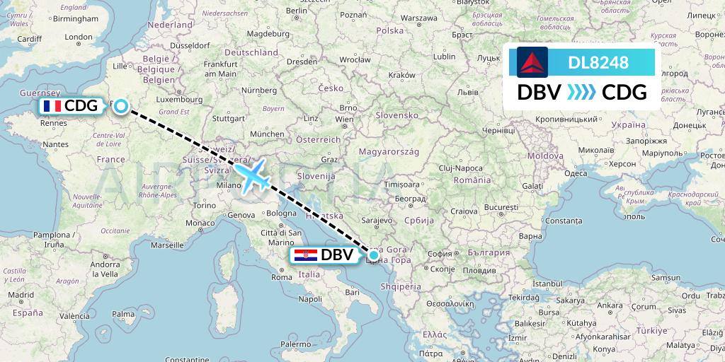 DL8248 Delta Air Lines Flight Map: Dubrovnik to Paris