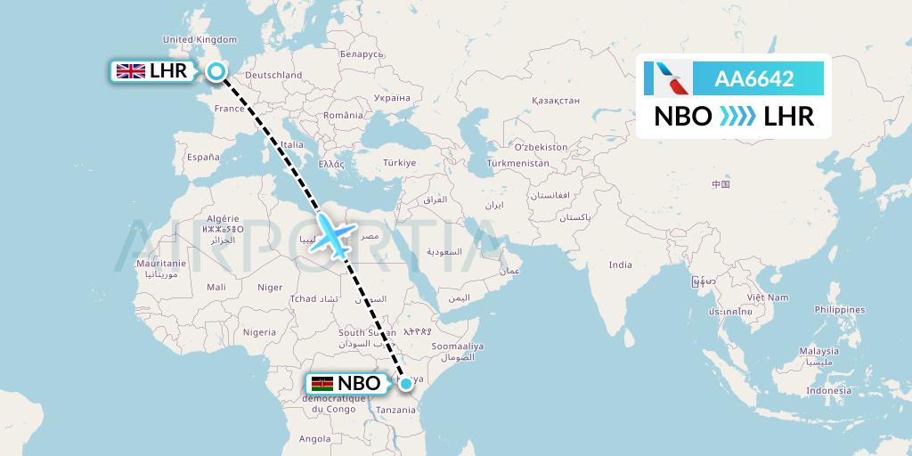 AA6642 American Airlines Flight Map: Nairobi to London