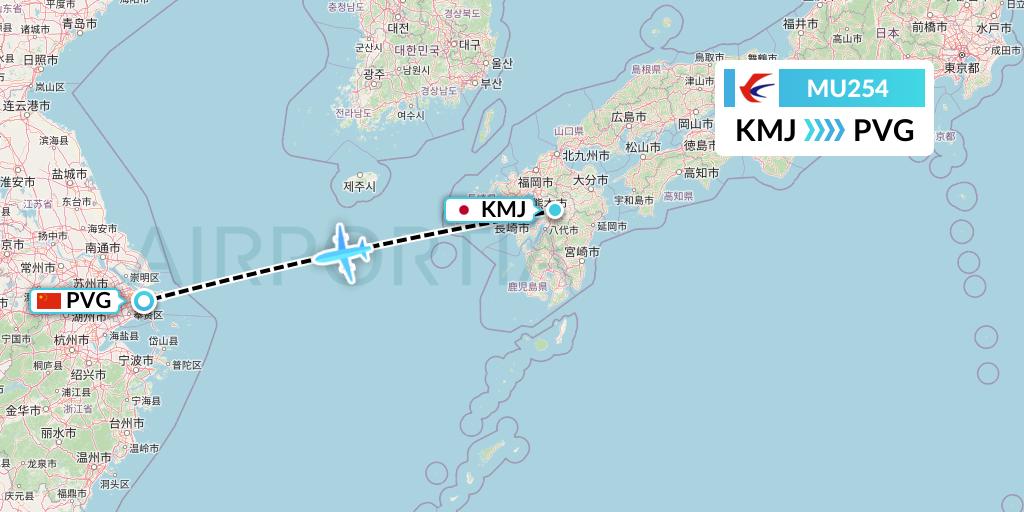 MU254 China Eastern Airlines Flight Map: Kumamoto to Shanghai