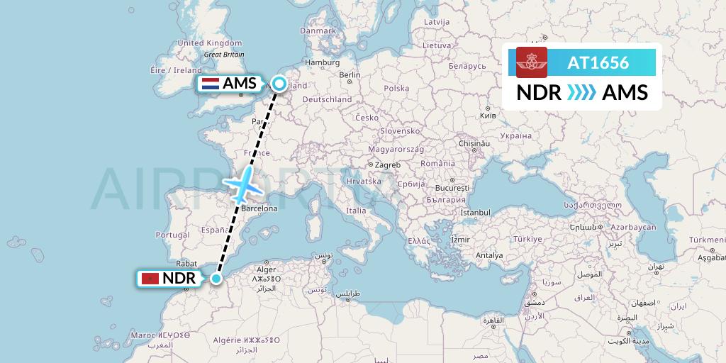 AT1656 Royal Air Maroc Flight Map: Nador to Amsterdam