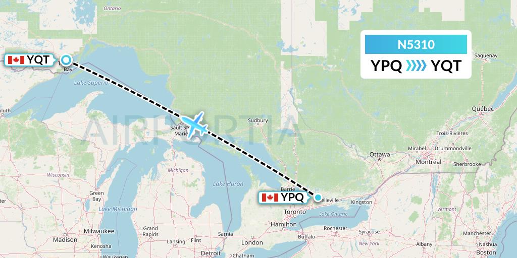 N5310 Nolinor Aviation Flight Map: Peterborough to Thunder Bay