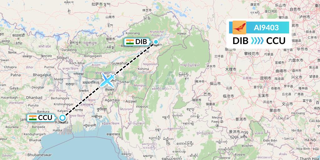 AI9403 Air India Flight Map: Dibrugarh to Kolkata
