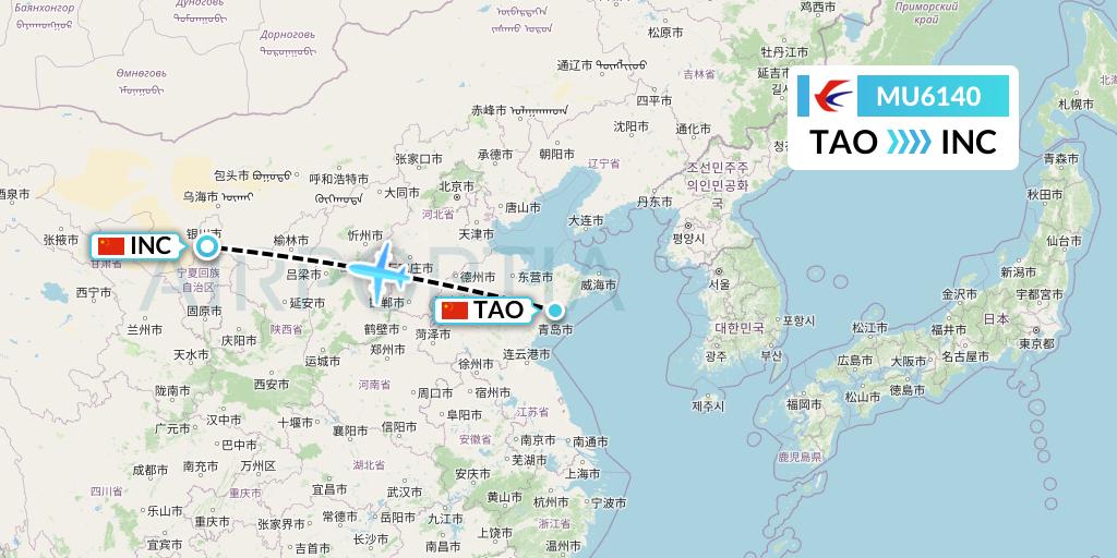 MU6140 China Eastern Airlines Flight Map: Qingdao to Yinchuan