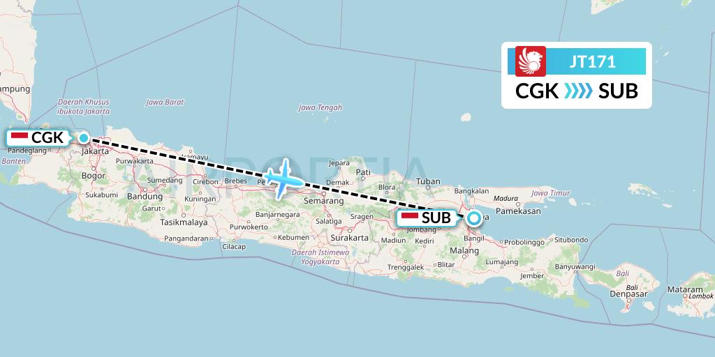 JT171 Lion Airlines Flight Map: Jakarta to Surabaya
