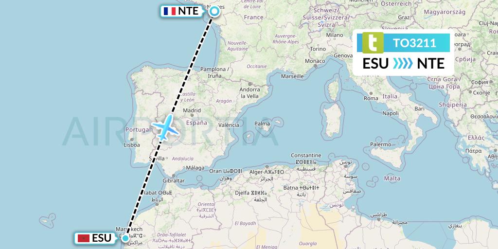 TO3211 Transavia France Flight Map: Essaouira to Nantes