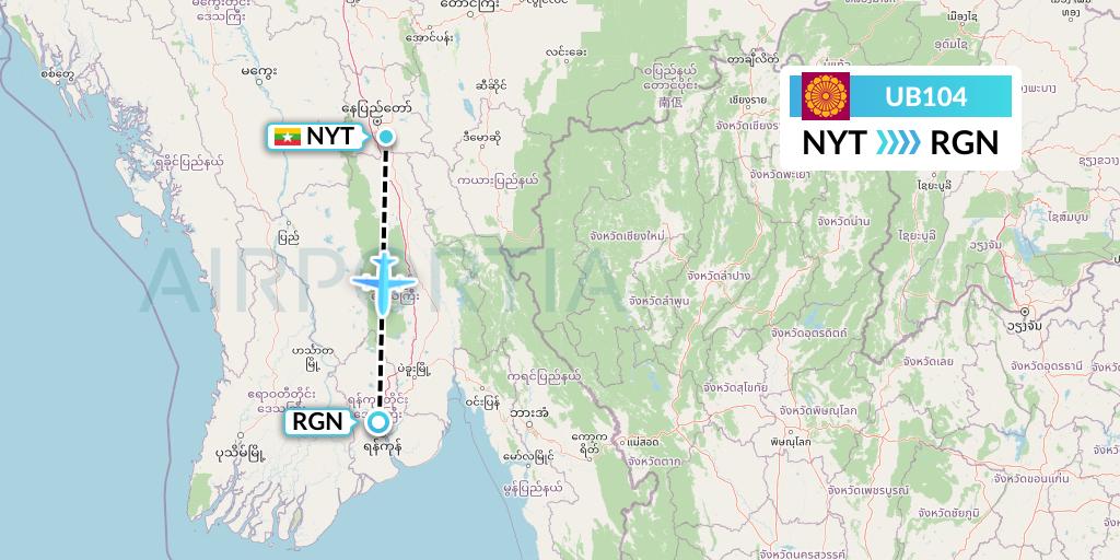 UB104 Myanmar National Airlines Flight Map: Naypyidaw to Yangon