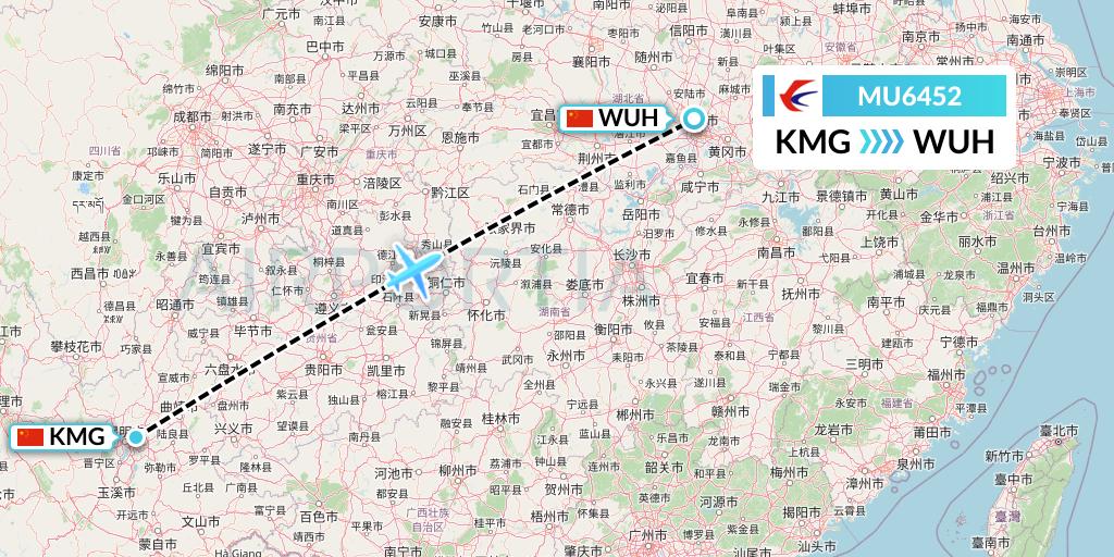 MU6452 China Eastern Airlines Flight Map: Kunming to Wuhan
