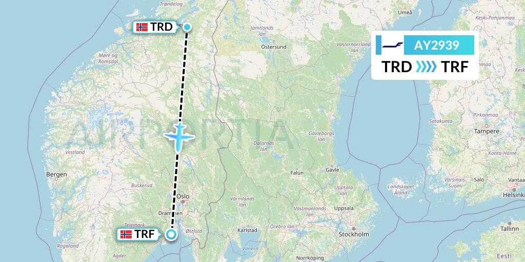 AY2939 Finnair Flight Map: Trondheim to Oslo