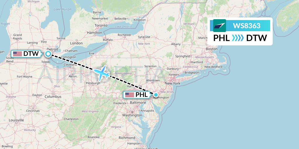 WS8363 WestJet Flight Map: Philadelphia to Detroit